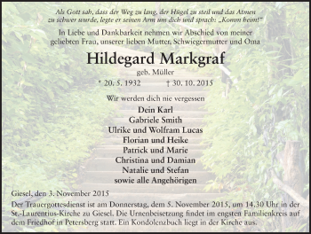Traueranzeige von Hildegard Markgraf 