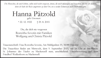 Traueranzeige von Hanna Pätzold 