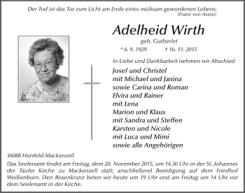 Traueranzeige von Adelheid Wirth 