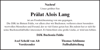 Traueranzeige von Alois Lang 