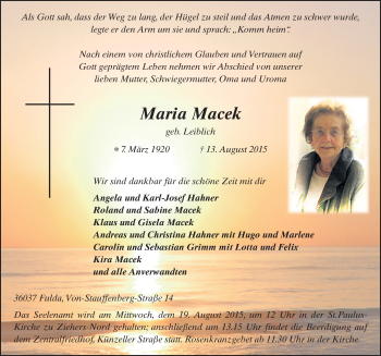 Traueranzeige von Maria Macek 