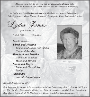 Traueranzeige von Lydia Jonas 