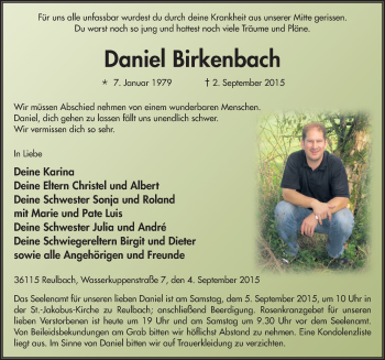Traueranzeige von Daniel Birkenbach 