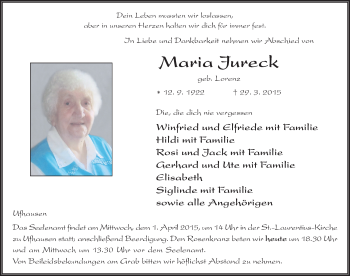 Traueranzeige von Maria Jureck 