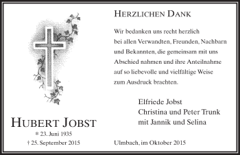 Traueranzeige von Hubert Jobst 