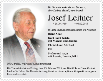 Traueranzeige von Josef Leitner 