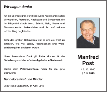 Traueranzeige von Manfred Post 