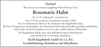Traueranzeige von Rosemarie Halm 