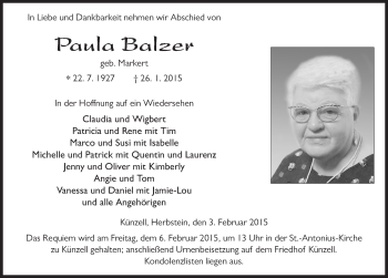 Traueranzeige von Paula Balzer 