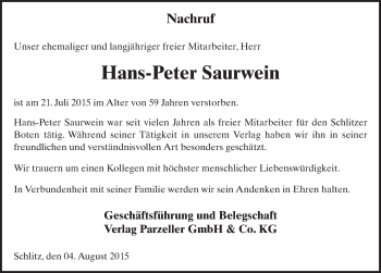 Traueranzeige von Hans-Peter Saurwein 