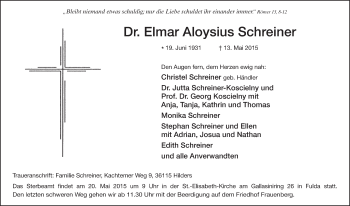 Traueranzeige von Elmar Aloysius Schreiner 