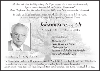 Traueranzeige von Johannes Alt 