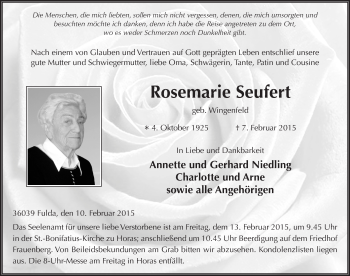 Traueranzeige von Rosemarie Seufert 