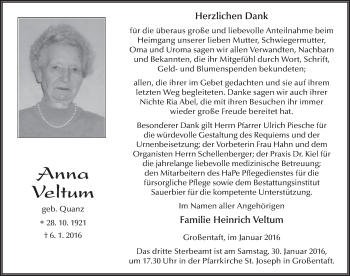 Traueranzeige von Anna Veltum 