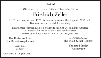 Traueranzeige von Friedrich Zeller 