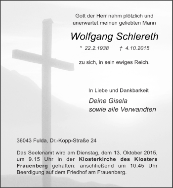 Traueranzeige von Wolfgang Schlereth 