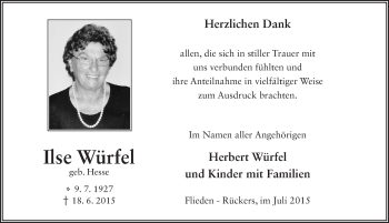 Traueranzeige von Ilse Würfel 