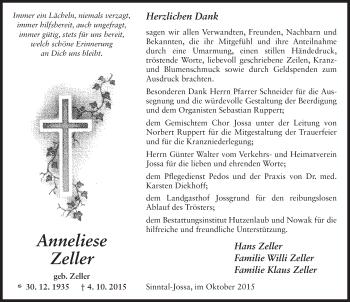 Traueranzeige von Anneliese Zeller 