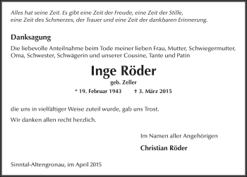 Traueranzeige von Inge Röder 