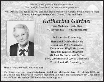 Traueranzeige von Katharina Gärtner 