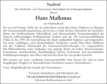 Traueranzeige von Hans Malkmus 