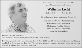 Traueranzeige von Wilhelm Licht 