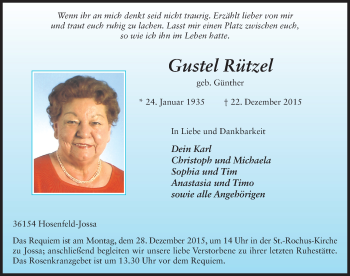 Traueranzeige von Gustel Rützel 