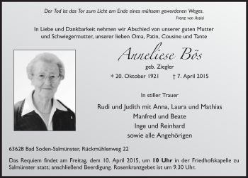 Traueranzeige von Anneliese Bös 