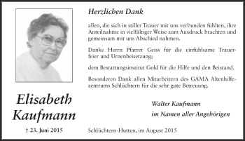 Traueranzeige von Elisabeth Kaufmann 