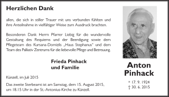 Traueranzeige von Anton Pinhack 