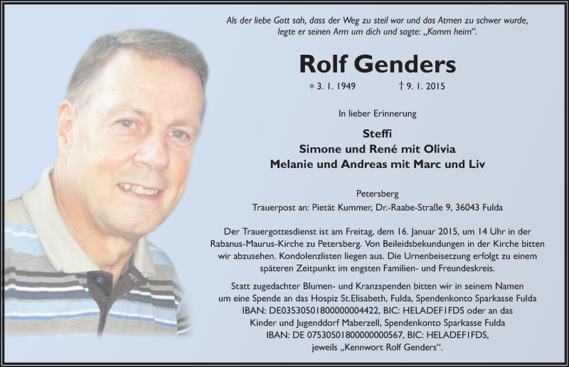  Traueranzeige für Rolf Genders vom 13.01.2015 aus 