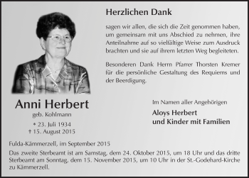 Traueranzeige von Anni Herbert 