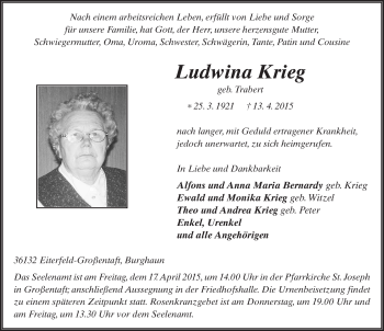Traueranzeige von Ludwina Krieg 