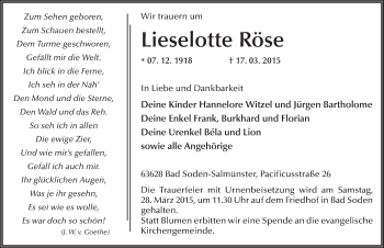 Traueranzeige von Lieselotte Röse 