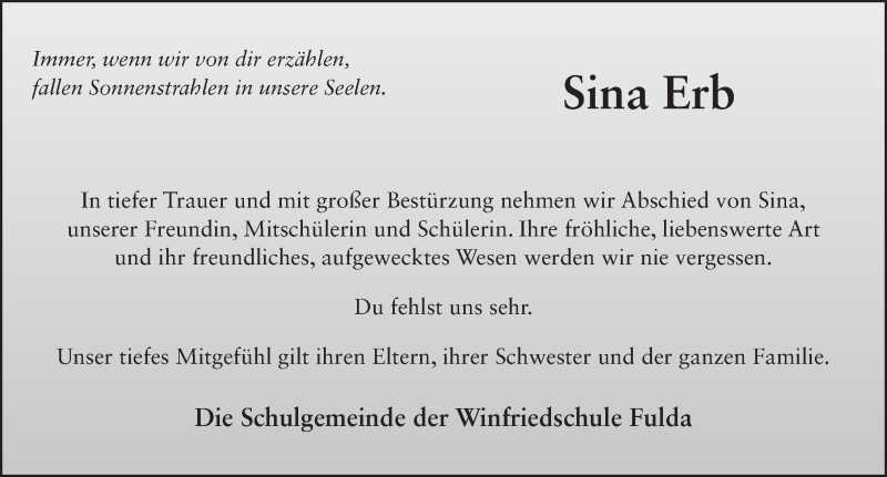  Traueranzeige für Sina Erb vom 15.10.2015 aus 