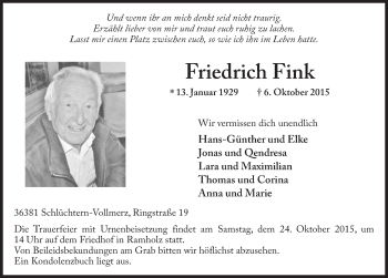 Traueranzeige von Friedrich Fink 