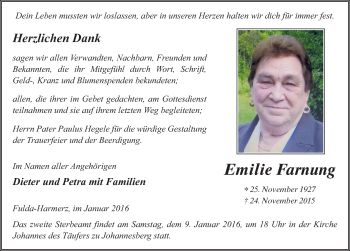 Traueranzeige von Emilie Farnung 