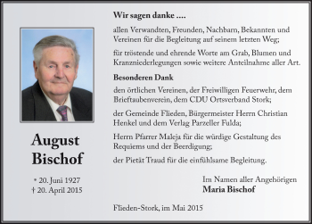 Traueranzeige von August Bischof 