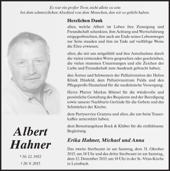 Traueranzeige von Albert Hahner 