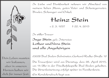 Traueranzeige von Heinz Stein 