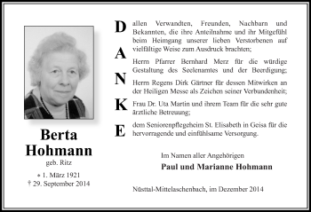Traueranzeige von Berta Hohmann 
