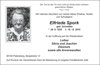 Traueranzeige von Elfriede Spork 