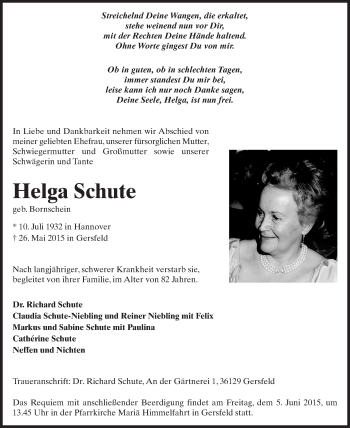 Traueranzeige von Helga Schute 