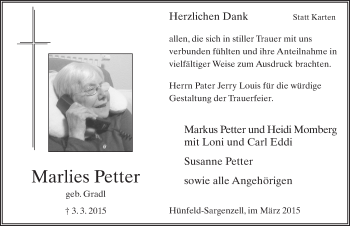 Traueranzeige von Marlies Petter 