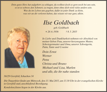 Traueranzeige von Ilse Goldbach 