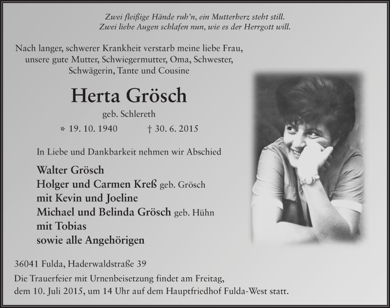 Traueranzeige für Herta Grösch vom 06.07.2015 aus 