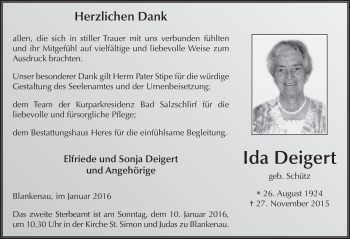 Traueranzeige von Ida Deigert 