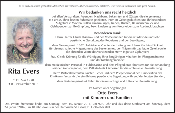 Traueranzeige von Rita Evers 