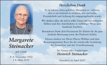 Traueranzeige von Margarete Steinacker 