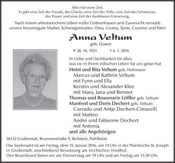 Traueranzeige von Anna Veltum 